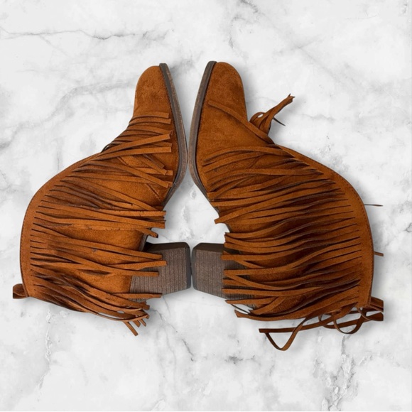 Mata Fringe Ankle Booties Sz 8.5M | Western Boho Suede Heel Boot | Brown - Picture 5 of 16